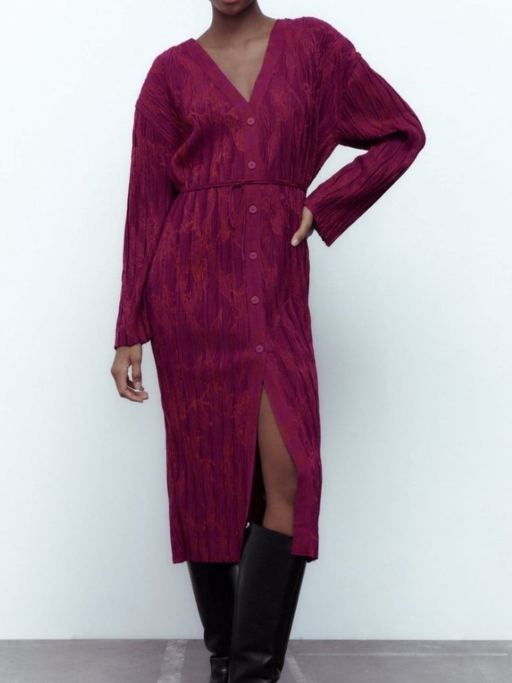 ZARA Jacquard Button Down Long Sleeve Midi Dress With Belt Women’s Large